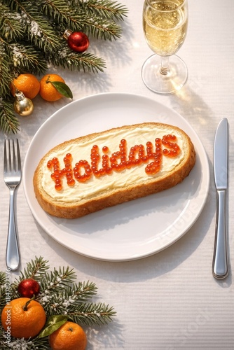 Festive holiday-themed bread with creamy frosting, garnished with tangerines, champagne, and christmas decorations.