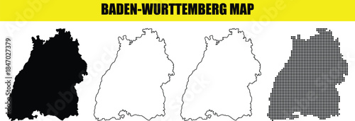 Baden-württemberg map in four styles black silhouette white contour outline dotted for web and print design