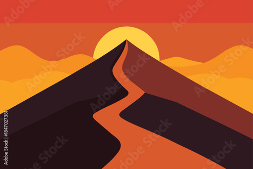 Mountain Pass Leading to Volcano Under Golden Hour Light