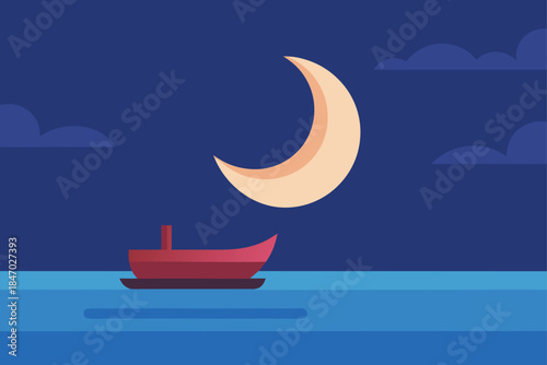 Moonset Over Calm Reef with Distant Boat in Peaceful Scene