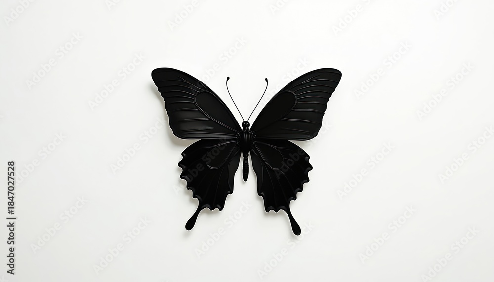 Obraz premium Black butterfly with spread wings on clean white backdrop. Minimalist insect graphic symbolizes transformation or elegance. Delicate creature art.