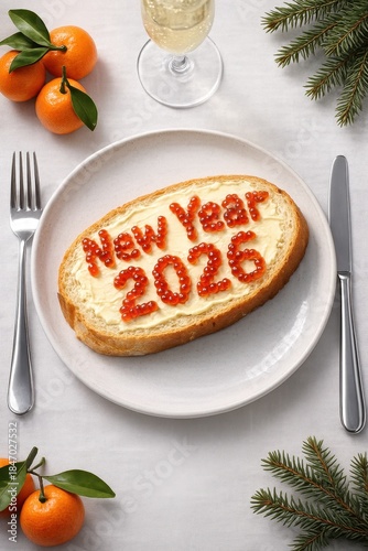 Festive new year 2026 celebration with decorated bread, tangerines, and a glass of champagne, symbolizing joy and renewal.