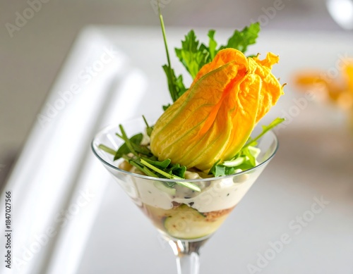 Gourmet Zucchini Flower Dish: Exquisite Squash Blossom Culinary Presentation for Fine Dining & Appetizers
