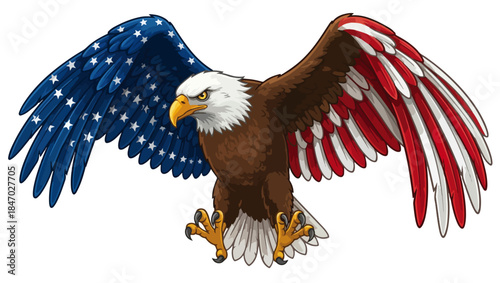 American Bald Eagle with Flag Wings, Patriotic Digital Illustration, bald eagle, American eagle, eagle in flight, patriotic eagle, wings spread eagle, stylized flag wings, US flag feathers, us flag, 