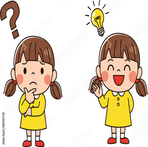 Cartoon girl thinking and solving problem, confused expression, light bulb idea, emotional learning, child education, concept illustration, vector art