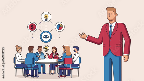 Business Leadership Concept. Vector illustration of a diverse office team discussing ideas, finance, and growth strategy. Teamwork, innovation, and project planning concept.
