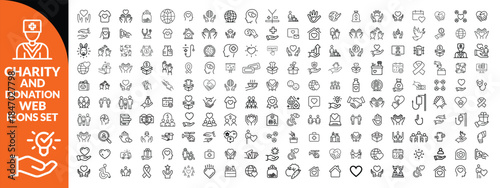 Charity and Donation set of web icons in line style. Volunteering and donation icons for web and mobile app. Help, caring, solidarity, alms, donate, volunteer, care, charity and more.  big icon set.
