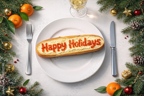 Festive holiday-themed plate featuring a decorated cake and oranges, surrounded by christmas greenery and a glass of champagne.