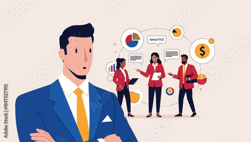 Business Leadership Concept. Vector illustration of a diverse office team discussing ideas, finance, and growth strategy. Teamwork, innovation, and project planning concept.