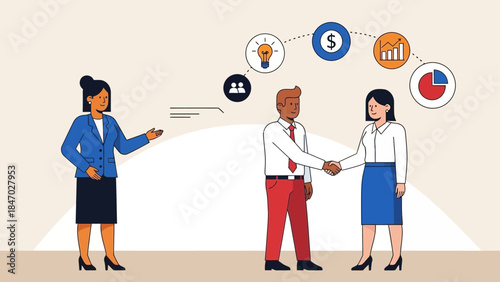 Business Leadership Concept. Vector illustration of a diverse office team discussing ideas, finance, and growth strategy. Teamwork, innovation, and project planning concept.