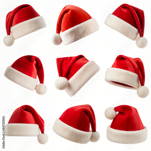 Wallpaper Mural "Assorted Classic Santa Hats on White Background — Set of Red Velvet Christmas Caps with Faux Fur Trim" Torontodigital.ca