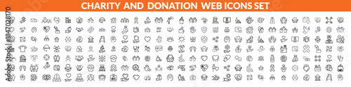Charity and Donation set of web icons in line style. Volunteering and donation icons for web and mobile app. Help, caring, solidarity, alms, donate, volunteer, care, charity and more.  big icon set.