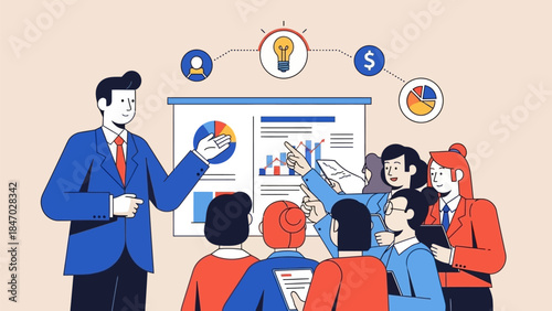 Business Leadership Concept. Vector illustration of a diverse office team discussing ideas, finance, and growth strategy. Teamwork, innovation, and project planning concept.