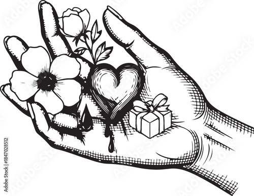 Vintage Engraving Outline Fragile Love in Hand design.