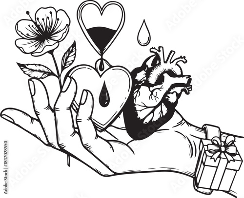 Vintage Engraving Outline Fragile Love in Hand design.