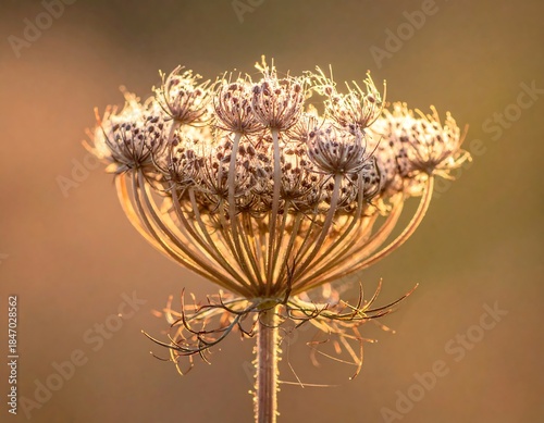 Dried Umbellifer Seed Head in Golden Light. Macro Botanical Detail. Warm Sunset Nature Close-up for Autumn Designs.