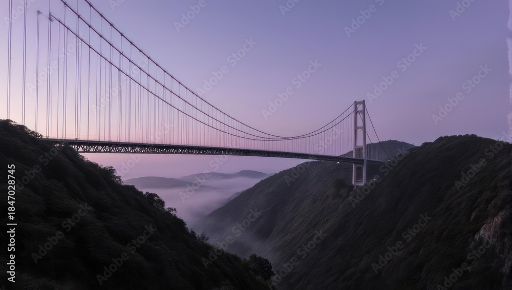 Fototapeta premium Majestic Suspension Bridge Spanning Verdant Mountains at Dusk.