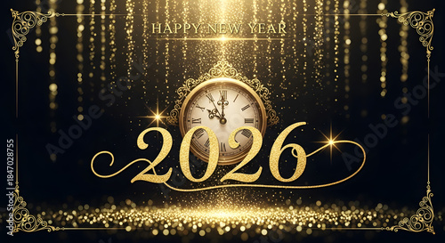New Year 2026 Celebration with Golden Glitter and Festive Clock.
