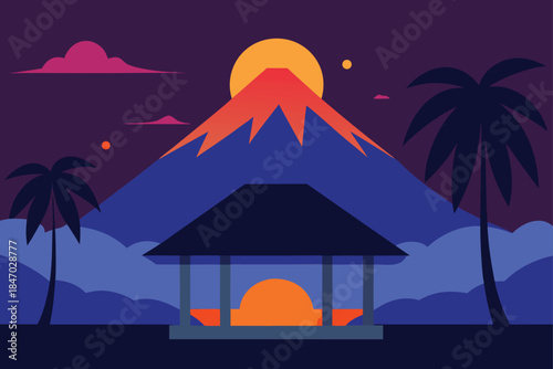 view-tropical-hut-toward-glowing-volcano