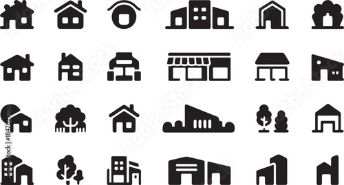 Black house and home silhouette icons set representing residential buildings and property symbols