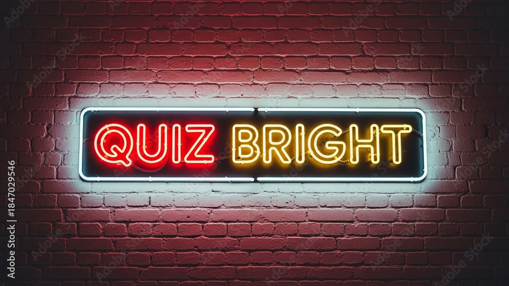 Fototapeta premium Vibrant neon quiz sign on brick wall background
