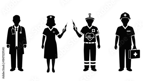 Silhouettes of various medical professionals including a doctor, nurse, paramedic, and first responder, representing healthcare workers.