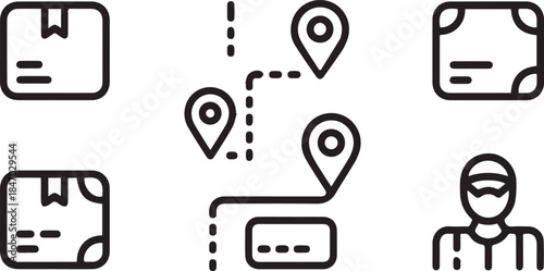 Line delivery tracking and logistics icons illustrating shipment route, location pins, and courier