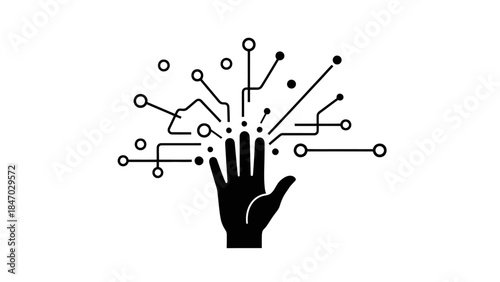 A black silhouette of a hand with digital circuits emanating from its fingertips.