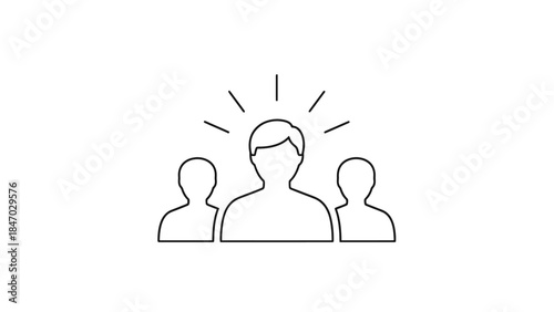 A line art icon depicting a central figure with radiating lines above their head, flanked by two other people, symbolizing leadership, ideas, or a team.