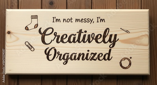 Wooden sign with funny quote I am not messy I am creatively organized text engraved on board