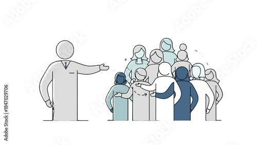 Illustration of Public Speaker with Listeners: An illustration depicts a speaker presenting to an audience of diverse individuals, symbolizing communication and connection.