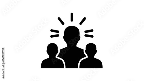 Silhouette of a leader figure with radiating lines, standing in front of two smaller figures.