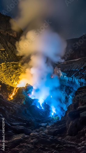 Bright plumes of yellow and blue light rise from the depths of a volcano, contrasting with dark rocks under a starlit sky. The scene captures nature's raw power and beauty at night