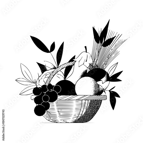 A black and white illustration of a basket filled with various fruits and foliage in a detailed style