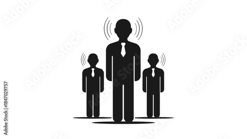 Echoes of Leadership: Depicts a leader standing tall, emanating authority, with subordinates attentively receiving the message, illustrating the core dynamics of management.