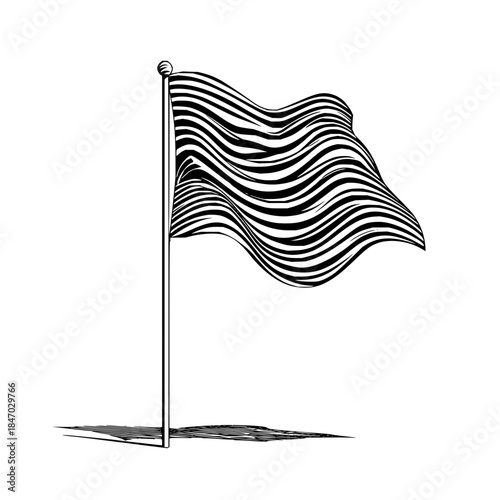 A monochrome illustration of a striped flag waving on a pole with a shadow cast on a white background