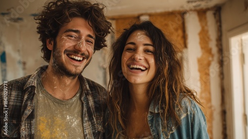 Wallpaper Mural Smiling couple in a home renovation project covered in paint dust Torontodigital.ca