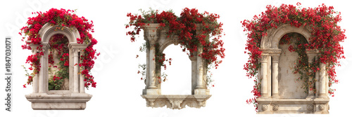 Set of Weathered stone arch surrounded by vibrant red blooms and fresh green foliage highlighting a window on transparent png background. Ai generated