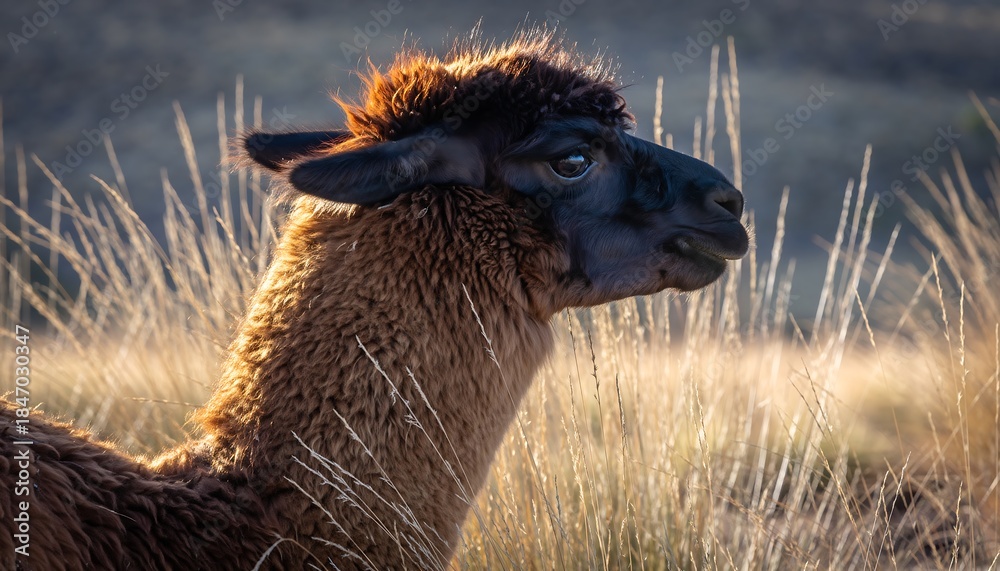 Obraz premium Sun-Kissed Alpaca Portrait: Majestic South American Camelid in Golden Hour Light amidst Wild Grasses. Wildlife Nature Scene Capturing Serenity and Natural Beauty.