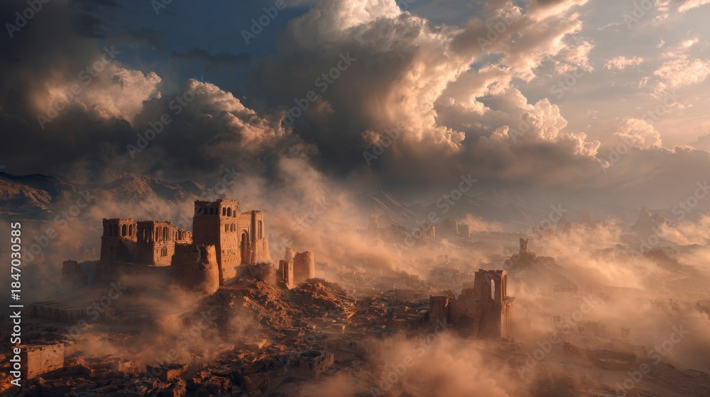 Obraz premium Majestic Fortified City Ruins Under Dramatic Sky with Epic Clouds at Sunset