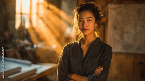 Wallpaper Mural Portrait of a Confident Woman in a Sunlit Workshop Setting Torontodigital.ca