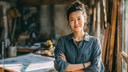 Wallpaper Mural Young woman in casual clothing smiles in creative workshop setting Torontodigital.ca