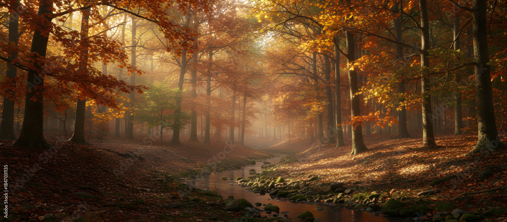 Fototapeta premium Autumn forest stream flowing through colorful trees and fog