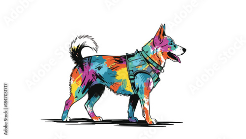Standing dog in a harness depicted in a vibrant and colorful pop art style with abstract paint splashes and bold sketch lines.