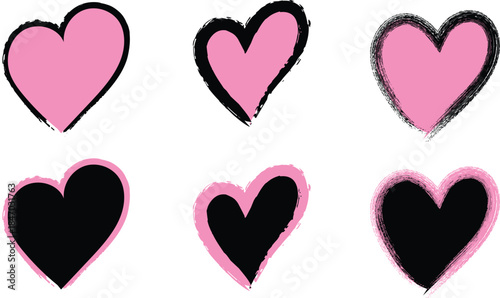 Pink And Black Grunge Hearts On White Background love