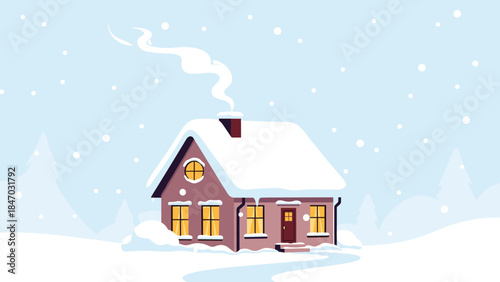 Cozy winter scene with a charming house covered in snow, smoke coming from the chimney, and snow falling in a forest landscape.