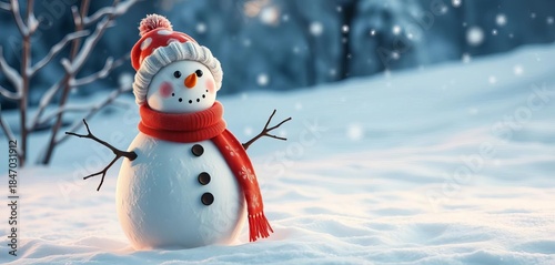 Classic snowman stands in a snowy winter landscape, adorned with a red scarf and knitted hat, ready for holiday season,  noel,  holiday