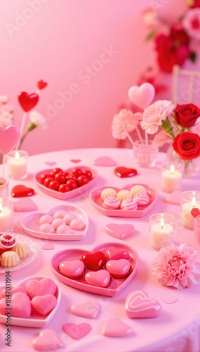 Festive valentines candy heart display in cozy dessert table style in pink red and white colors representing romantic sweets buffet celebration party decor and love themed holiday treats

