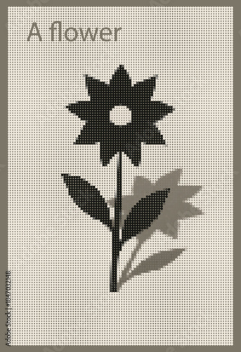 Cross stitch flower pattern vector illustration with shadow and text in geometric pixel art