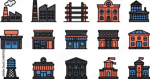 Colorful city shop and building icons set showing urban commercial architecture in flat style